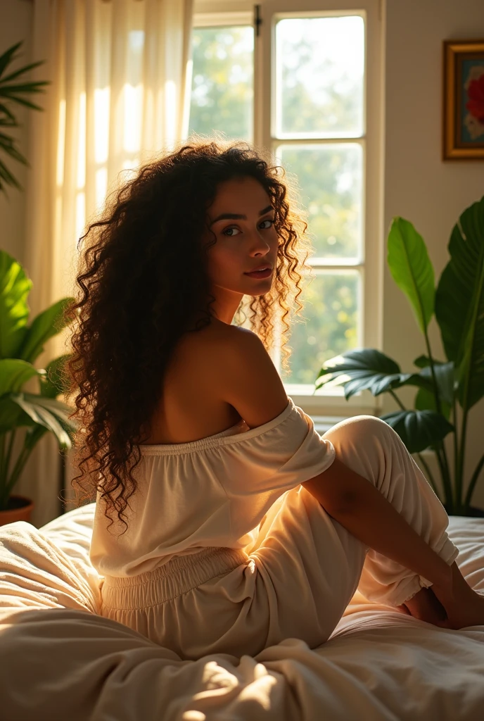 (photorealism:1.2), beautiful woman, sitting on bed, wearing loose off-shoulder top, pajama pants, long curly hair, indoors, soft lighting, plants in background, window with sunlight, cozy room, relaxed pose, realistic, intricate details, warm colors, by Greg Rutkowski, by Alphonse Mucha