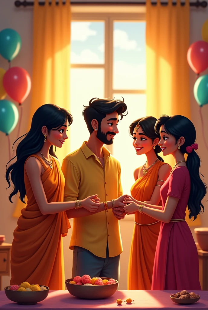 Hey Meta
Create an image for raksha bhandan
I am surrounded with my 4 sister and they tieing rakhi on my hand
One who Rajshree as an guide for me
One who is Sarika as an motivation
One who is Rasika for all rounder
And last one is Megha who is naughty girl