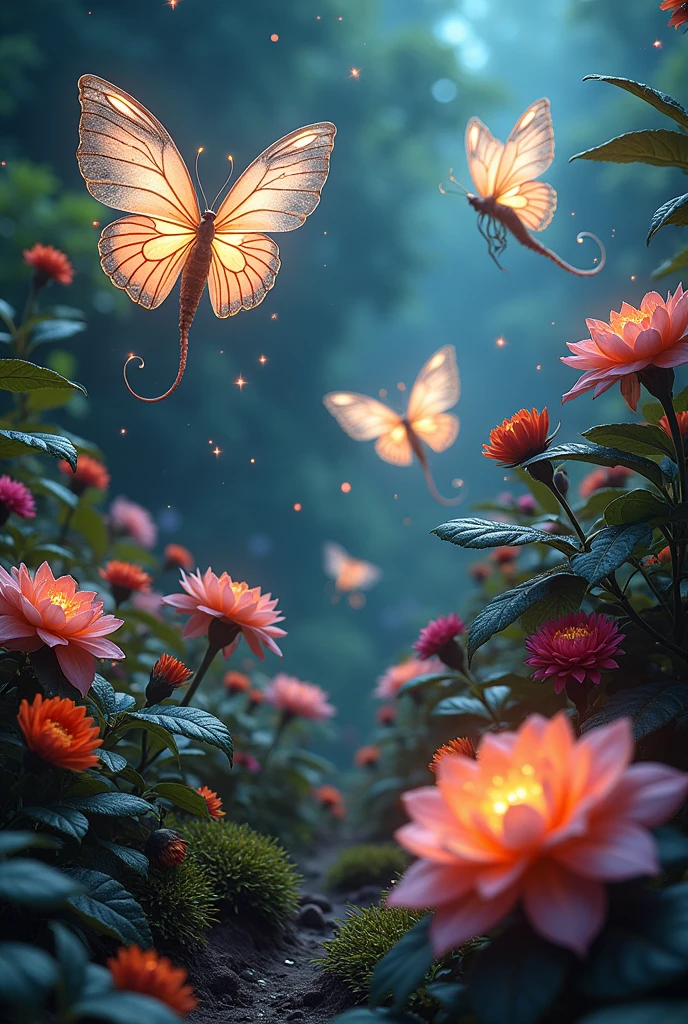 Add exotic and majestic creatures that roam the garden, like butterflies of light that leave trails of stars as they fly, and creatures similar to dragons but with wings of cosmic steam that emit a soft glow.