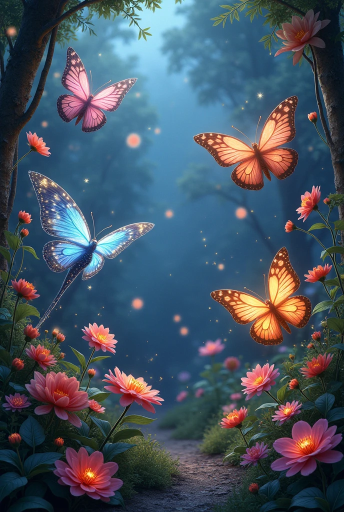 Add exotic and majestic creatures that roam the garden, like butterflies of light that leave trails of stars as they fly, and creatures similar to dragons but with wings of cosmic steam that emit a soft glow.
