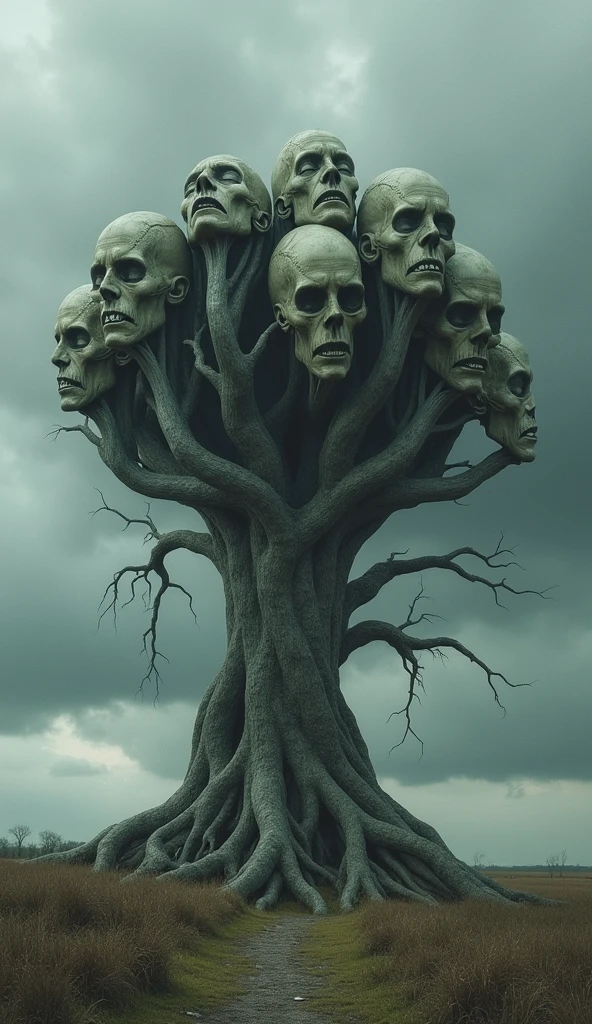 Best image quality, masterpiece, multiple heads on one tree, sad faces, detailed skin, detailed image texture, brutal, grotesque, horror, eerie atmosphere, (not ai image), cloudy weather, abandoned big tree