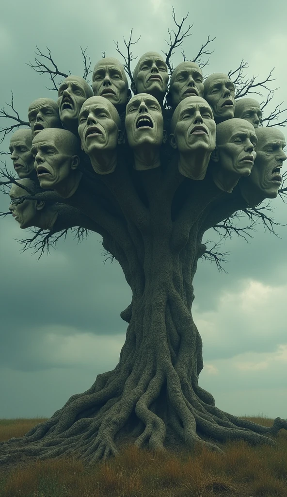 Best image quality, masterpiece, multiple heads on one tree, sad faces, detailed skin, detailed image texture, brutal, grotesque, horror, eerie atmosphere, (not ai image), cloudy weather, abandoned big tree