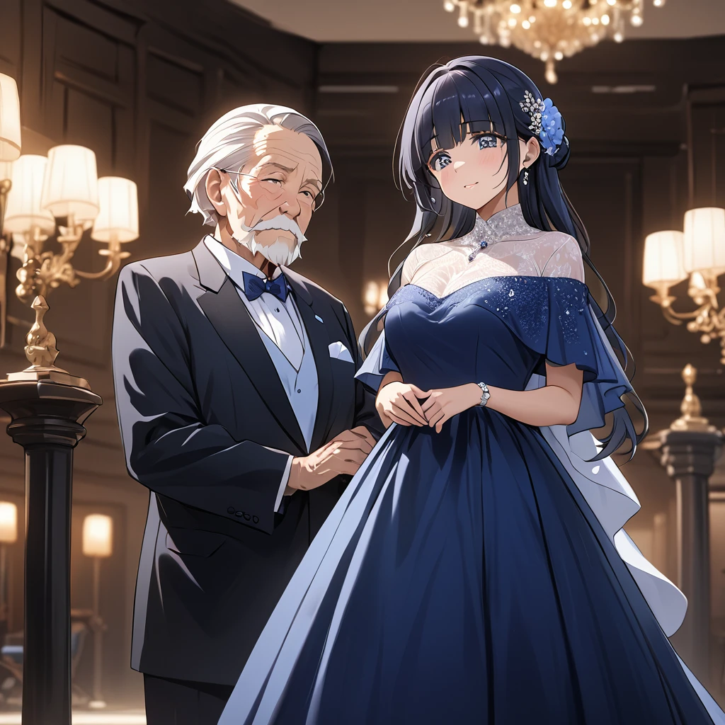 ((Highest quality)), ((masterpiece)), (detailed), (Perfect Face)、The woman is Aoki Reika, with midnight blue semi-long hair, wearing a gorgeous formal dress and an engagement ring.、The woman is in formal attire, standing beside an elderly man.、The woman is dressed formally, standing beside her elderly husband as his wife.、The old man is wearing an engagement ring
