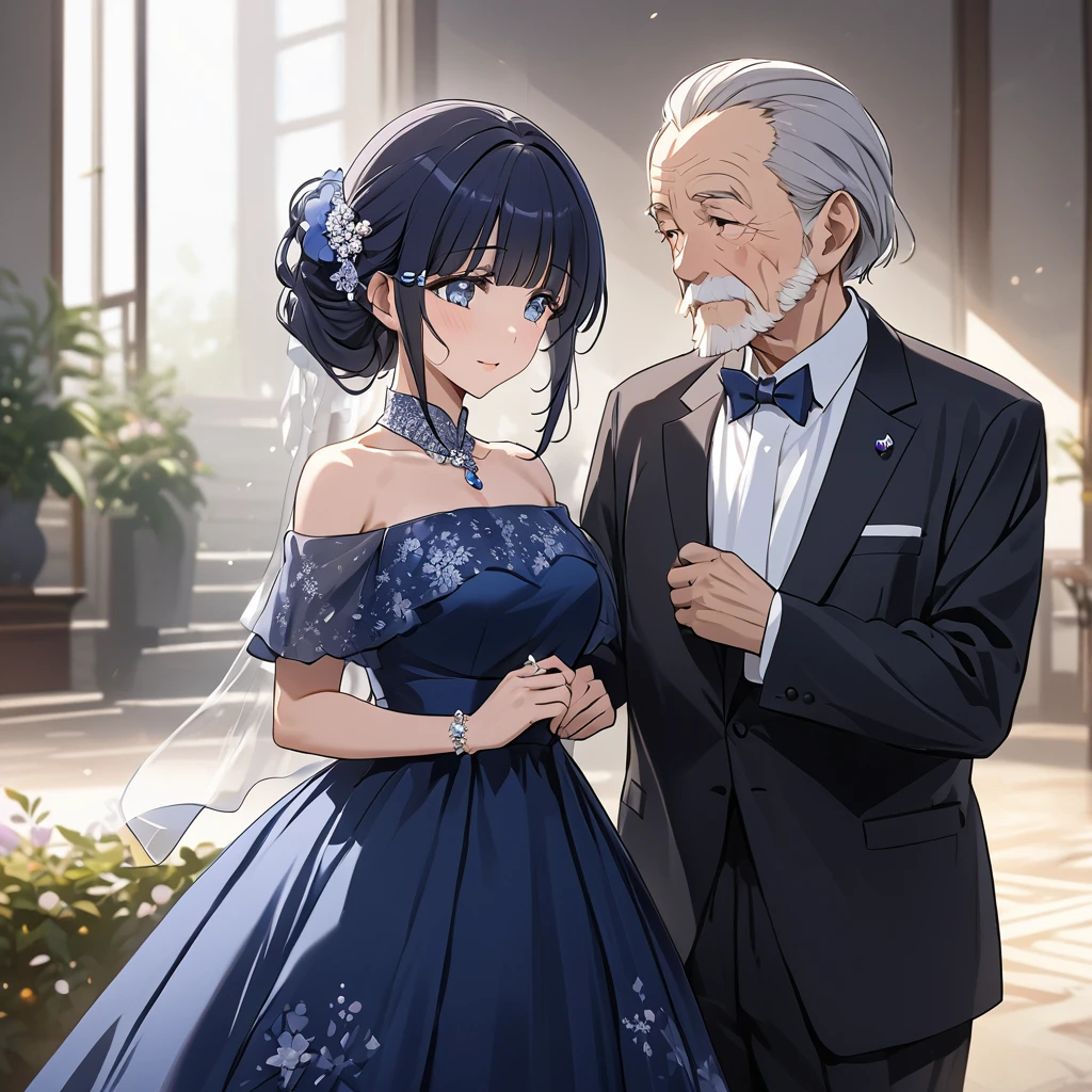 ((Highest quality)), ((masterpiece)), (detailed), (Perfect Face)、The woman is Aoki Reika, with midnight blue semi-long hair, wearing a gorgeous formal dress and an engagement ring.、The woman is in formal attire, standing beside an elderly man.、The woman is dressed formally, standing beside her elderly husband as his wife.、The old man is wearing an engagement ring