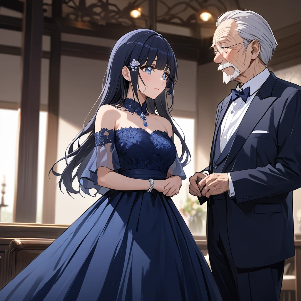 ((Highest quality)), ((masterpiece)), (detailed), （Perfect Face）、The woman is Aoki Reika, with midnight blue semi-long hair, wearing a gorgeous formal dress and an engagement ring.、The woman is in formal attire, standing beside an elderly man.、The woman is dressed formally, standing beside her elderly husband as his wife.、The old man is wearing an engagement ring