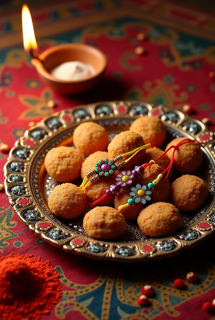 Raksha Bandhan decorative plate with three piece of Rakhi and Indian sweet and Some piece rice and red Chandan and one Diya
