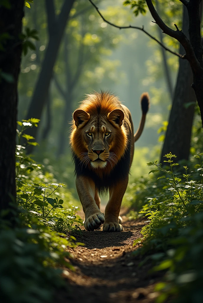 A picture of lion who hunting human in forest .