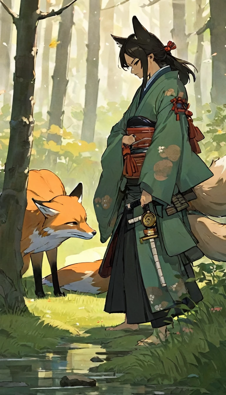 A samurai watching a fox with tears in his eyes, the fox’s elusive nature mirroring his own feelings of loss, the forest around them tinged with the colors of melancholy.