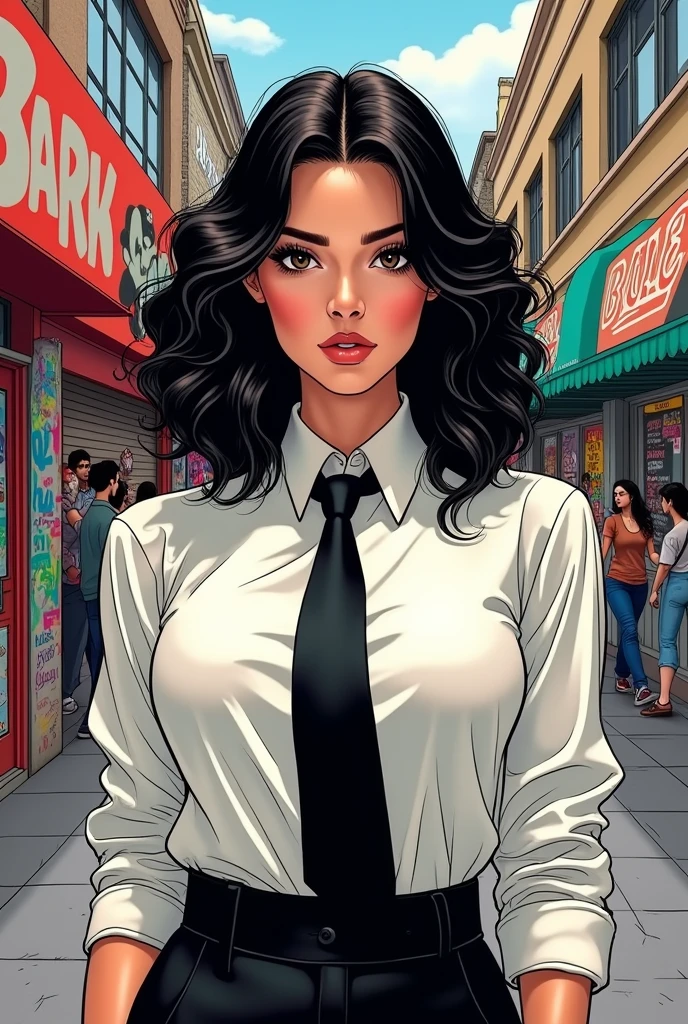 Woman and beautiful, black hair, black eyes, clear skin, Comic style image, short, curly hair to the shoulders, medium breasts, dressed in a long-sleeved blouse and a black tie