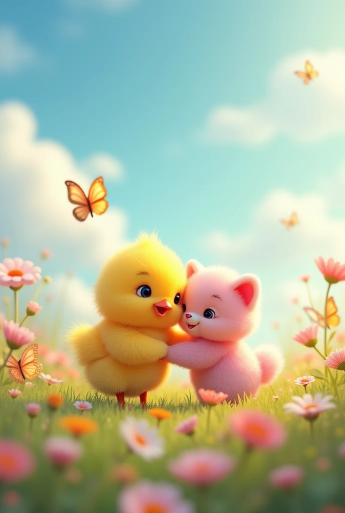 1 cm chick with a cute pink kitten in love