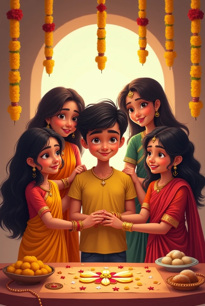Hey Meta
Create an image for raksha bhandan
I am surrounded with my 4 sister and they tieing rakhi on my hand
One who Rajshree as an guide for me
One who is Sarika as an motivation
One who is Rasika for all rounder
And last one is Megha who is naughty girl