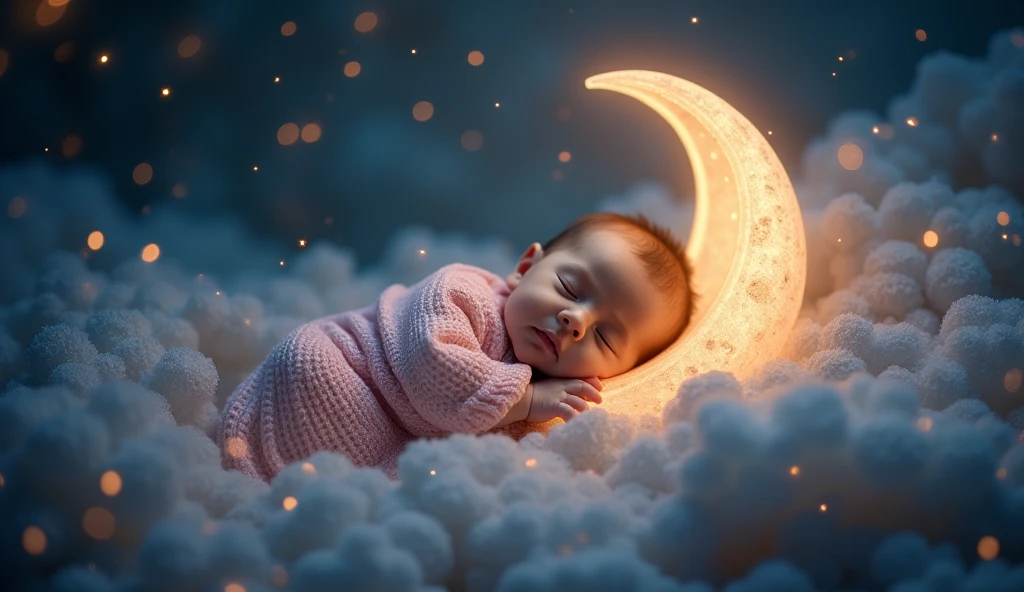 a baby listens to a lullaby and sits tenderly on a crescent moon in a fairy-tale space and there are many stars around, sleeps with closed eyes