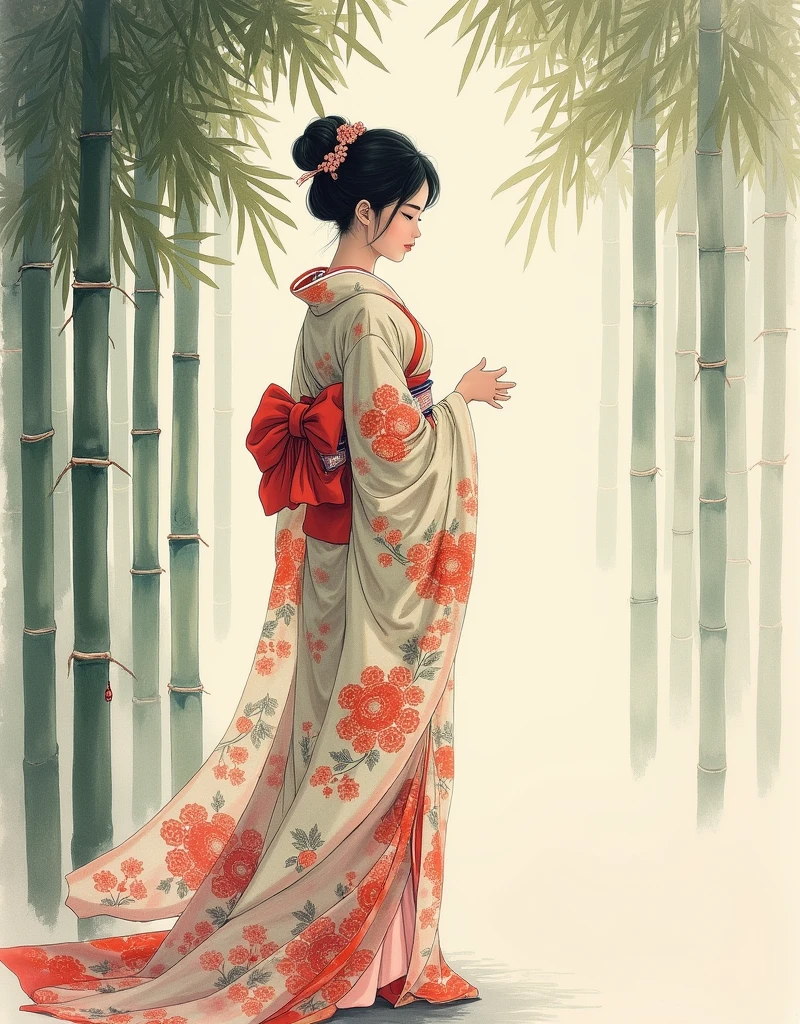 A beautiful and detailed Japanese ink painting, A beautiful young woman dressed in a traditional Japanese kimono、bamboo forest、