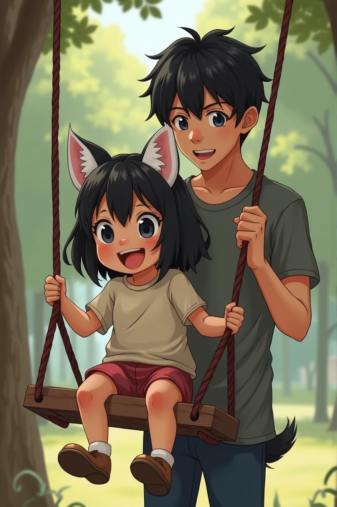 A young half-beast girl with white dog ears, black short hair, and about 5 years old. 
A handsome man with black straight hair, tall, and about 27 years old. 
The 27-year-old man is pushing her on the swing and she is having fun.