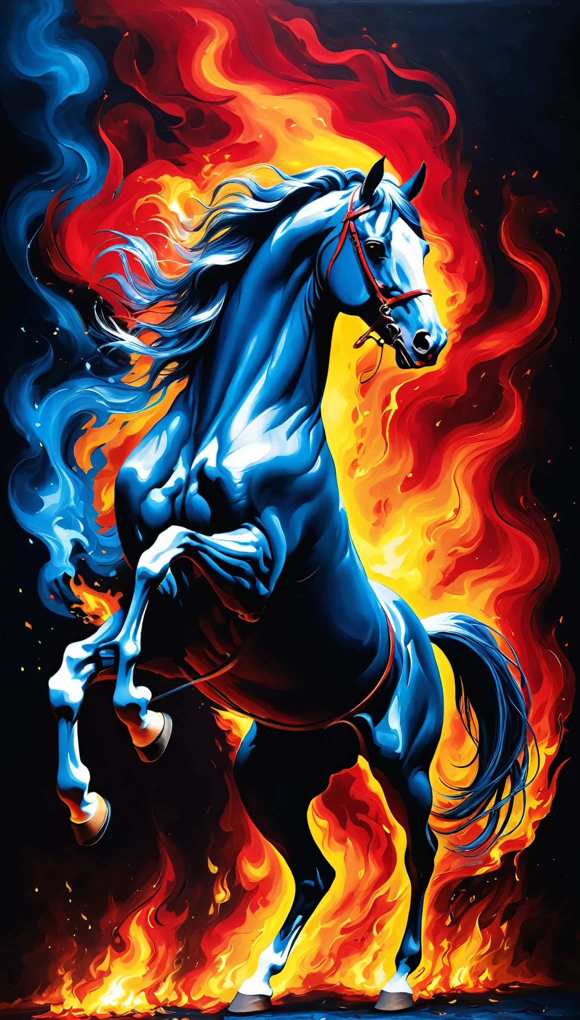 Style of Aliza Lazel
Surreal art,Dynamic equilibrium,Dark background,A dark horse,Red Eyes,Raise the foreleg,Looking at the audience,Blue flames, silver gas,Gas and flames,Expressive flames and horse