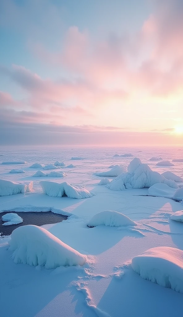 A wide-angle view of the Arctic Ocean during the midnight sun, where the ice-covered sea glows under the continuous daylight. The vast expanse of ice floes stretches out towards the horizon, with the sky painted in soft hues of blue and pink. The sunlight reflects off the ice, creating a shimmering effect that enhances the serene and mysterious atmosphere of the Arctic landscape. The scene captures the endless beauty and quiet stillness of the polar region.
