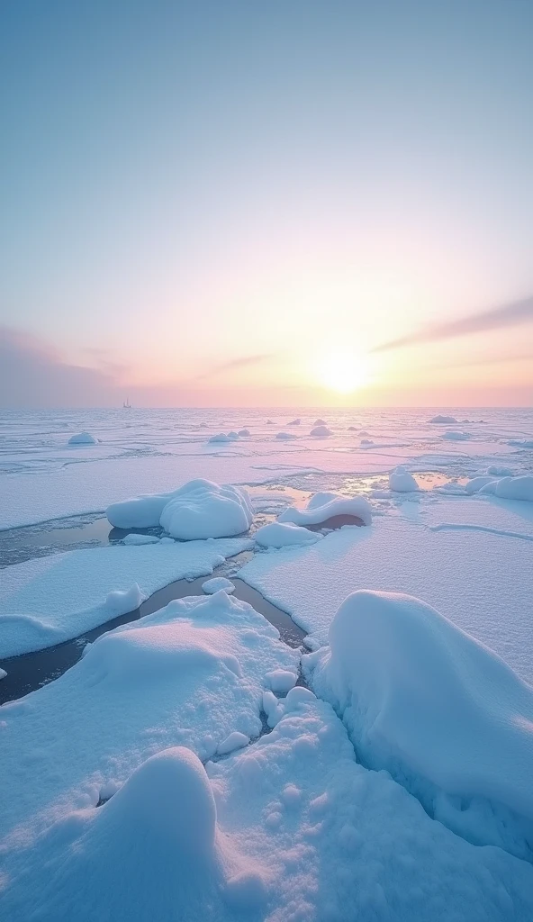 A wide-angle view of the Arctic Ocean during the midnight sun, where the ice-covered sea glows under the continuous daylight. The vast expanse of ice floes stretches out towards the horizon, with the sky painted in soft hues of blue and pink. The sunlight reflects off the ice, creating a shimmering effect that enhances the serene and mysterious atmosphere of the Arctic landscape. The scene captures the endless beauty and quiet stillness of the polar region.