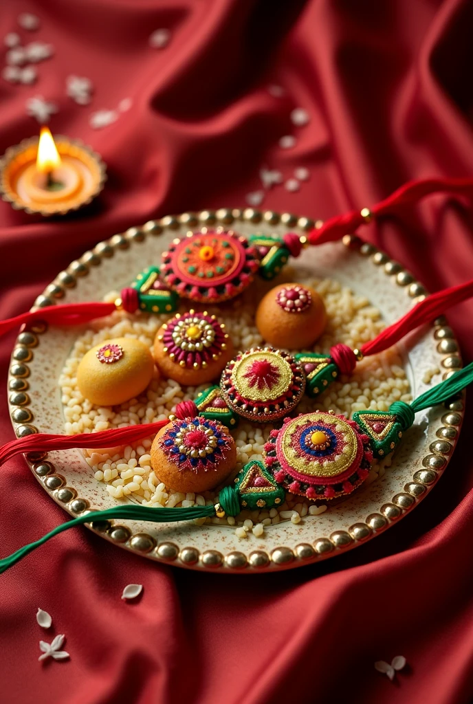 Raksha Bandhan decorative plate with three piece of Rakhi and Indian sweet and Some rice and red Chandan and one Diya