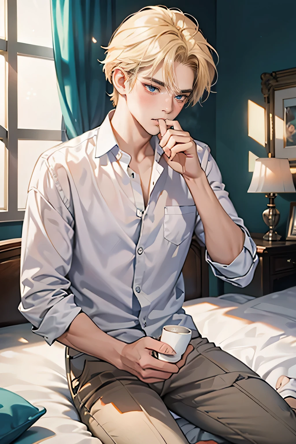 (masterpiece, high resolution, Extremely detailed:1.0), (1 boy, Young male, Male face), Perfect Thai male handsome guy, Delicate eyes and delicate face, Extremely detailed的 CG, Unity 8K wallpaper, Intricate details, Delicate face, (blond, Messy hair, White shirt,Bad student), (blush,Shy enjoyment,Biting fingers:1.3), Sit on the bedroom bed, Chromatic Aberration, Depth of Field, Dramatic shadows, Ray Tracing, best quality, Movie Lighting, Official Art,portrait
