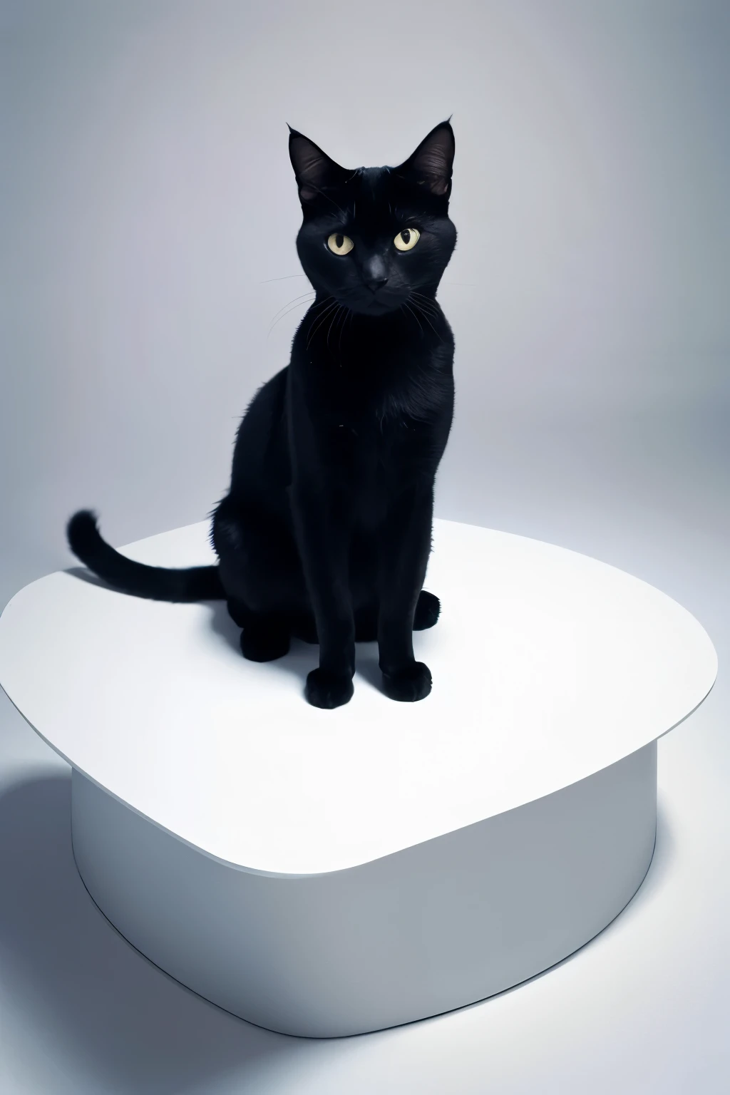 A black cat sitting upright in the middle of an empty white space is looking at me