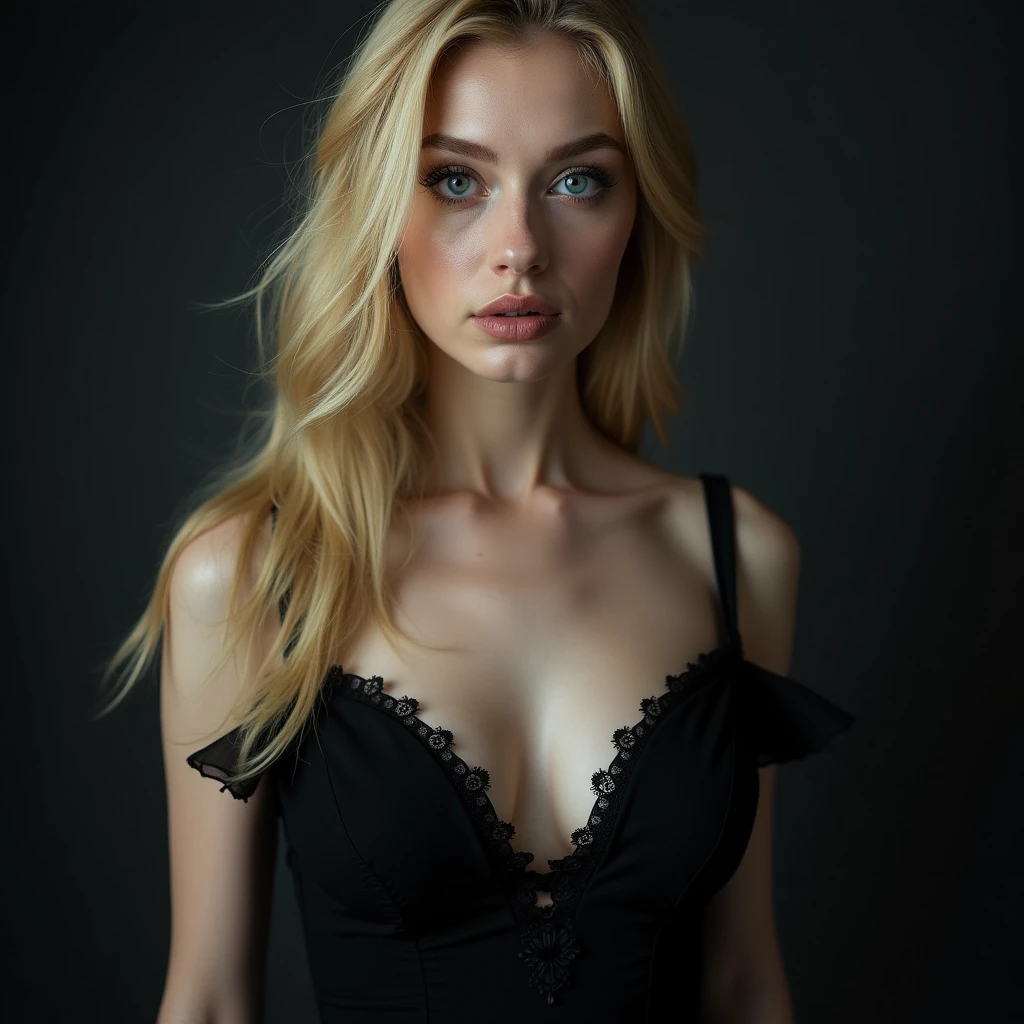 Blond woman kind vampire, blue eyes ling blqck dress