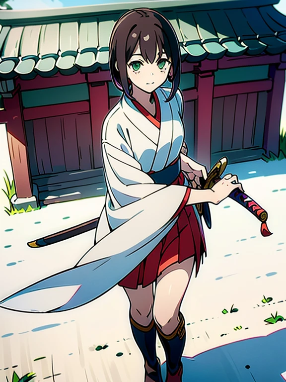 ((((masterpiece, Best Quality, Ultra-high resolution、Best illustrations))))、((Portrait of a person standing against a white background))、anime、A highly concentrated individual、(Very delicate and cute face)、(Sparkling Eyes)、A beautiful 18-year-old shrine maiden stands alone, wielding a wooden sword.、smile、Red cheeks、Medium length black hair、Clean green eyes、Long red hakama、Knee-high boots、Standing diagonally with their gaze directed straight ahead.、Oblique right view、((Perfect hands))、