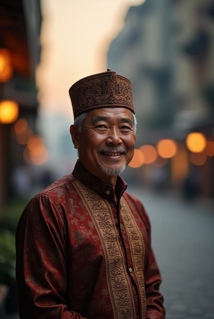 Photo of a man facing forward, Handsome, luxurious, wearing a sturdy Muslim shirt and a songkok.
Not bearded
Aged 57 years old