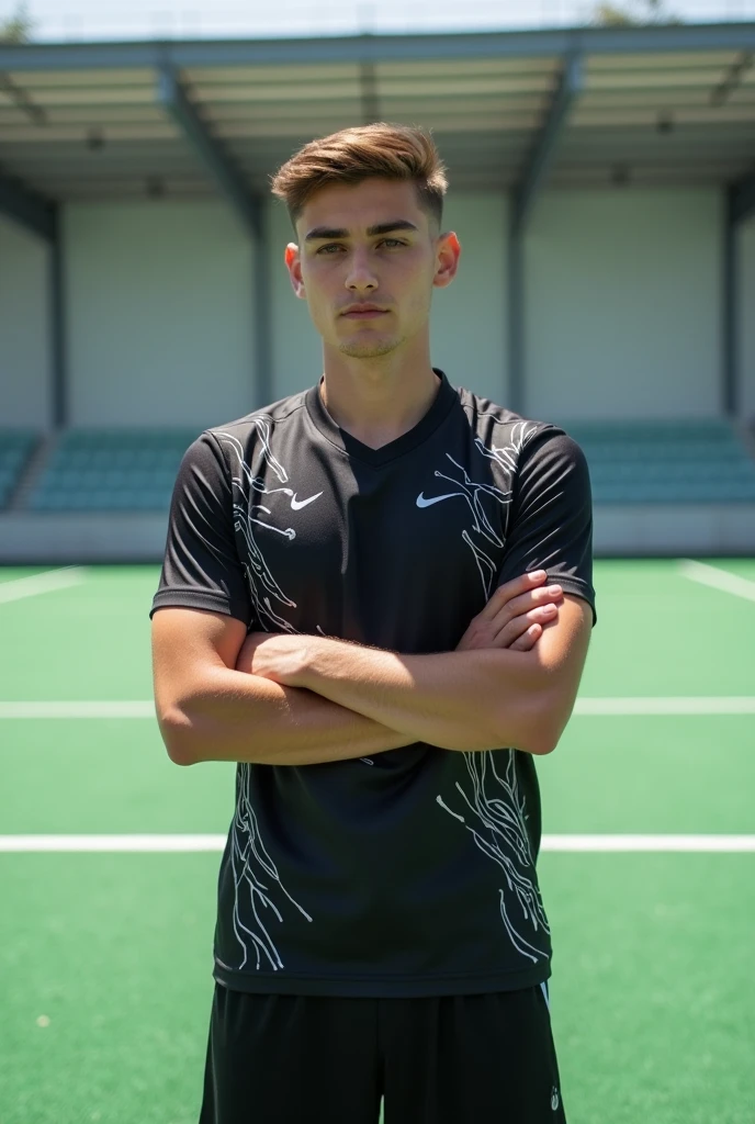 Create a picture of a young man standing in the middle of an empty futsal field, with folded arms pose, on the simple futsal field, camera angle from slightly above the right side, wearing a black futsal jersey with white patterns