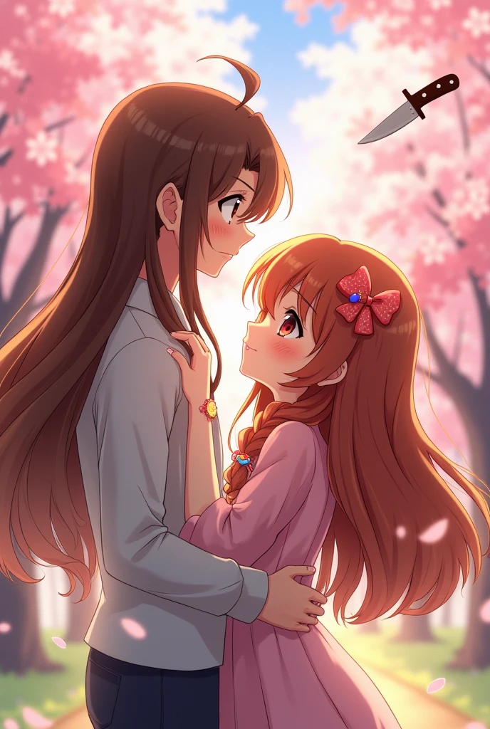 Make a man with long brown hair hugging his cute long brown hair girlfriend, anime style knife 