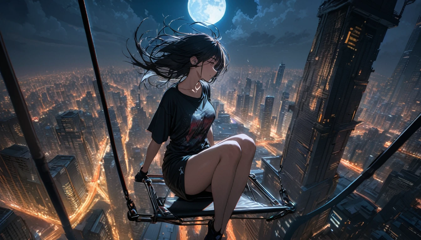 best quality, Ultra-fine, 16K, Ridiculous, Very detailed, Beautiful woman sitting on a swing suspended between two skyscrapers, Wearing a long, loose T-shirt, Attractive appearance, Wind, Wind-effect, Moon night scene, (Magnificent views:1.1) , Clock Punk