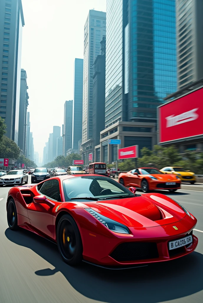 Very high speed car in highway in India in Mumbai around big big buildings 