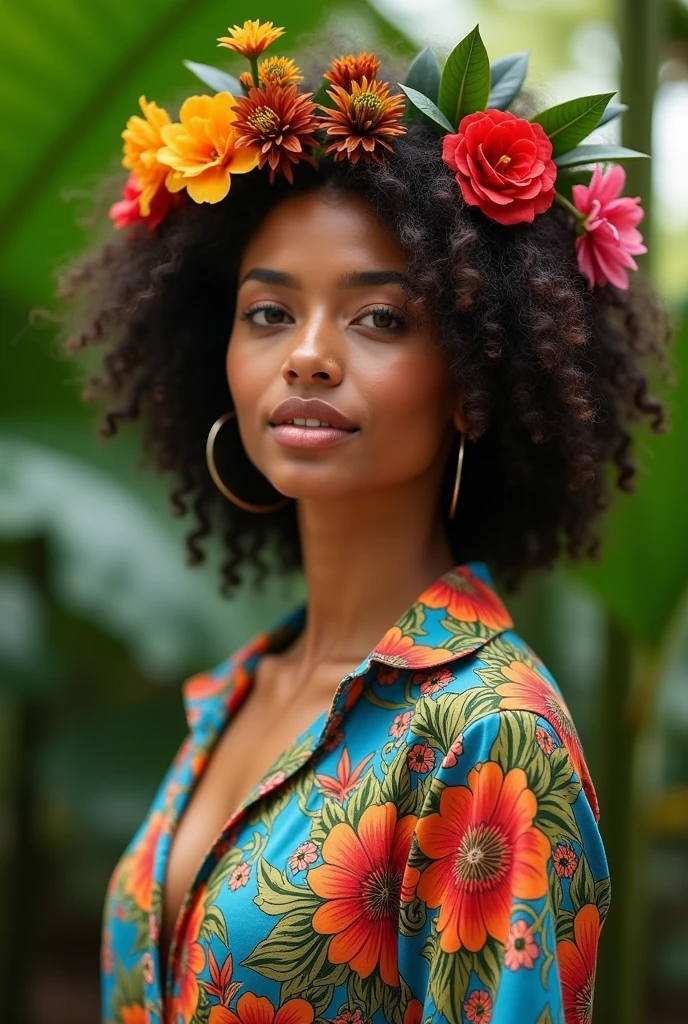 A Brazilian woman in a lush tropical garden, wearing an open shirt with a floral print, with a close-up capturing the harmonious beauty between her breasts and the natural flowers, showing off your natural charm and outgoing personality.