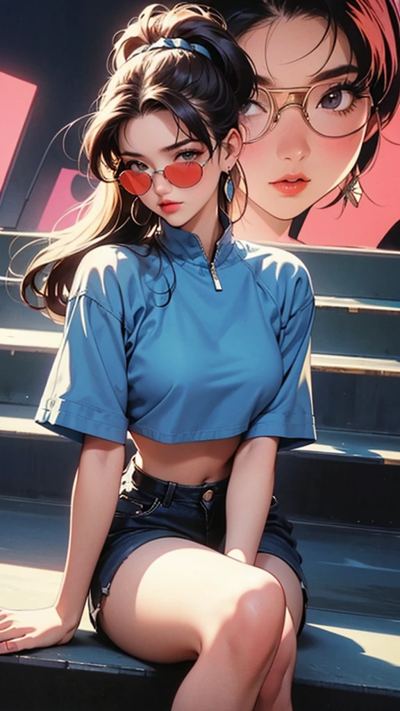 woman, 90's, retro, crop top,, graphical design, 
、High Fashion in the 1990s、Sit on the stairs、Tinted Glasses、Large earrings、Hand on chin
Face close-up、Looking straight ahead、Watching the audience、Approach angle
