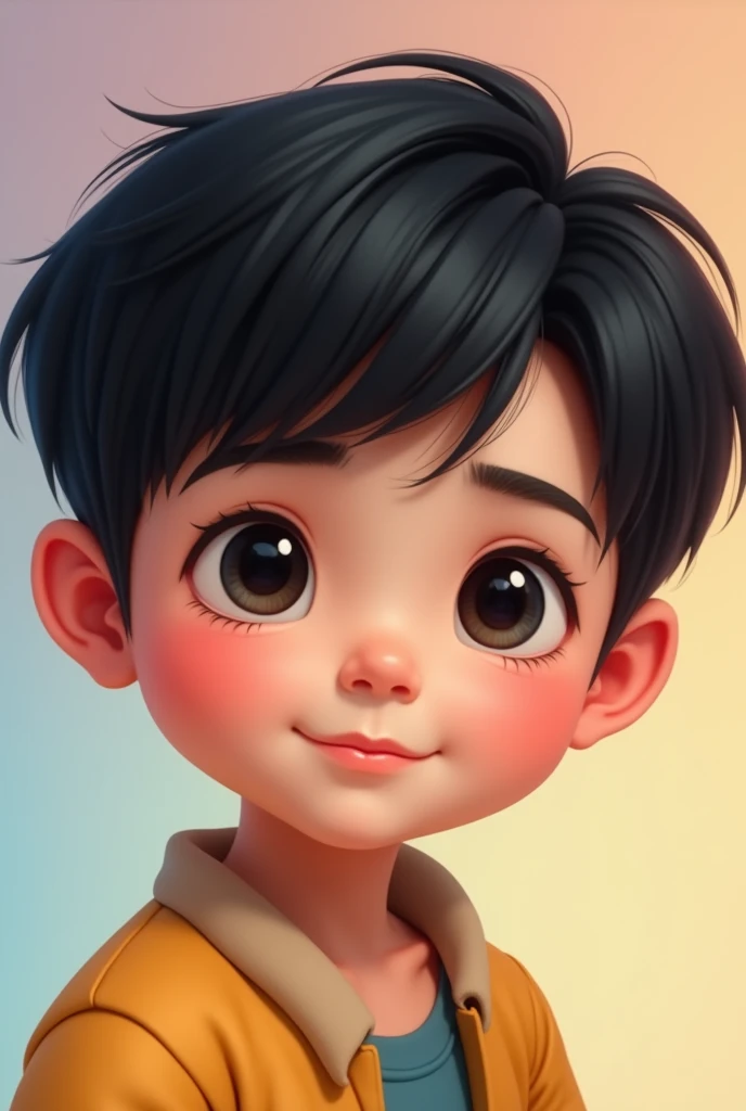 Make me a picture of a young mans face with black hair, black eyes, thick eyebrows, no beard, chubby cheeks