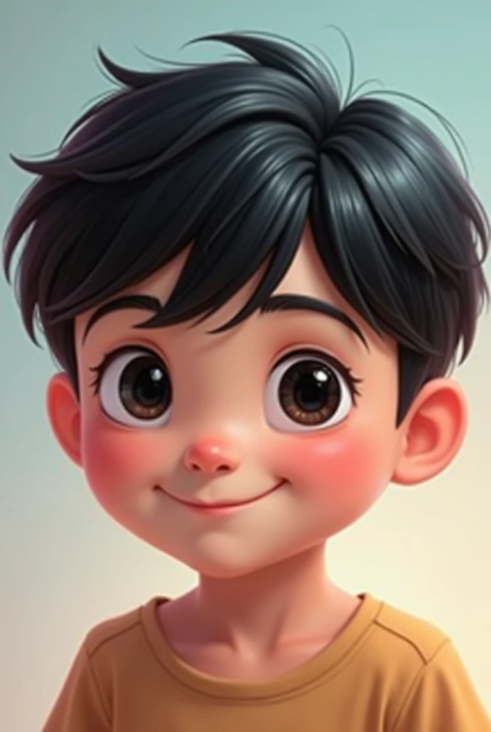 Make me a picture of a young mans face with black hair, black eyes, thick eyebrows, no beard, chubby cheeks