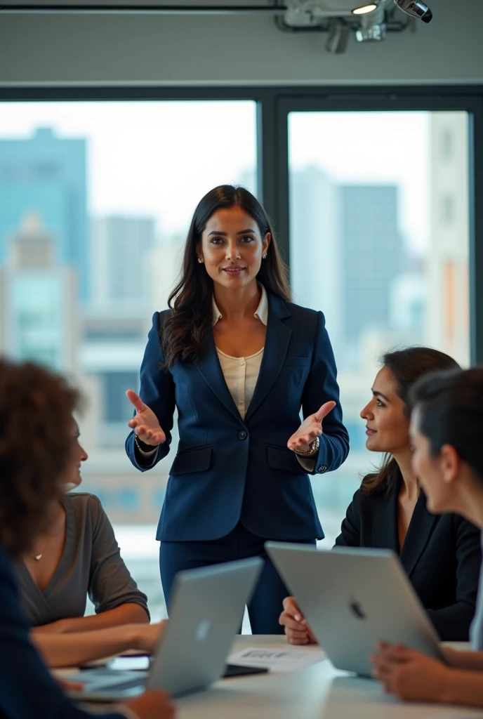 "Mexican boss woman confidently leading a team of office workers towards their goal."