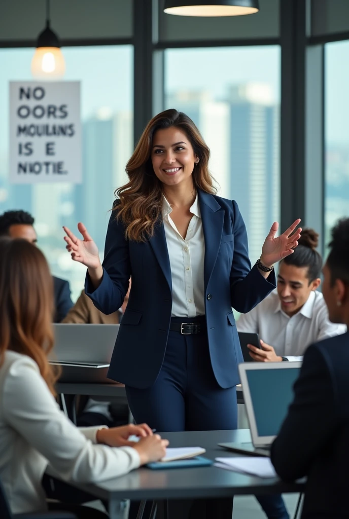 "Mexican boss woman confidently leading a team of office workers towards their goal."