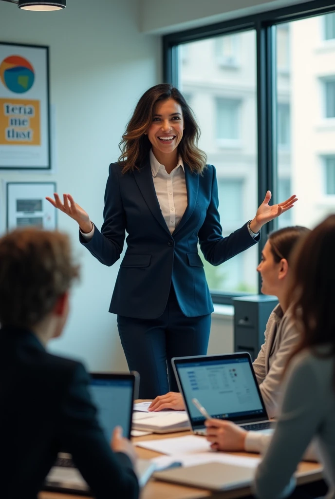 "Mexican boss woman confidently leading a team of office workers towards their goal."
