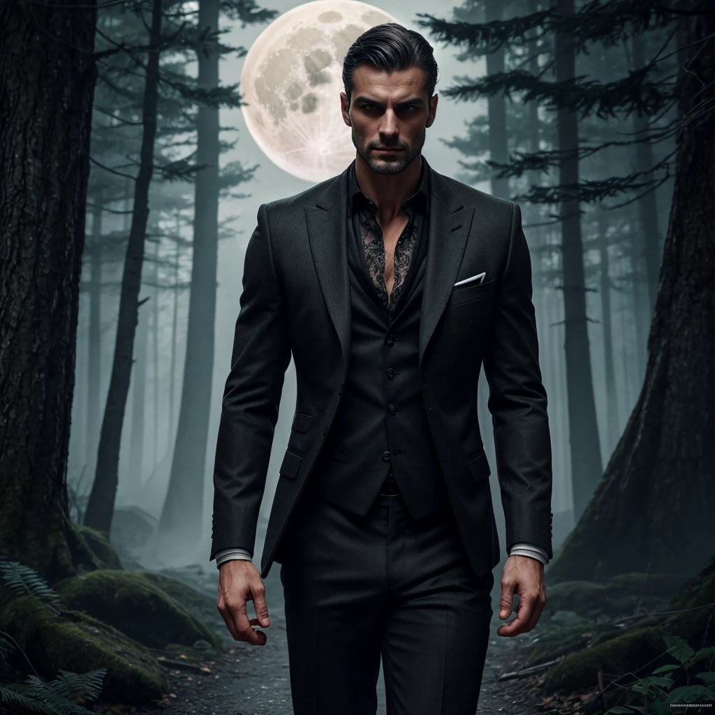 A tall, muscular, broad-shouldered, athletic physique of a 30yo Italian man, wearing a black Armani suit with the top two shirt buttons open and the sleeves rolled up half way, he has tattoos on his neck and arms, confident body language and intense expression, strikingly handsome face with a perfectly defined jawline and vibrant skin, short black hair, silver-grey coloured eyes, ((finely detailed eyes)), highly detailed illustration, walking through the dark forest at midnight, deep focus, d & d, fantasy, intricate, digital painting, artstation, concept art, full moon, matte, sharp focus, ultrarealistic, shot in the style of Wes Anderson, Mysterious and seductive atmosphere.