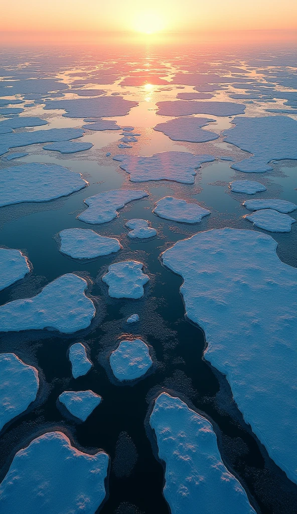 An overhead view of the Arctic Ocean during the midnight sun, captured directly from above as if by a drone. The scene shows a vast expanse of ice floes and open water, with the sun's rays casting subtle, soft reflections on the icy surface. The intricate patterns of the ice and the stark contrast between the white ice and the dark water create a mesmerizing and abstract visual, emphasizing the scale and isolation of the Arctic environment during the perpetual daylight of the white night.