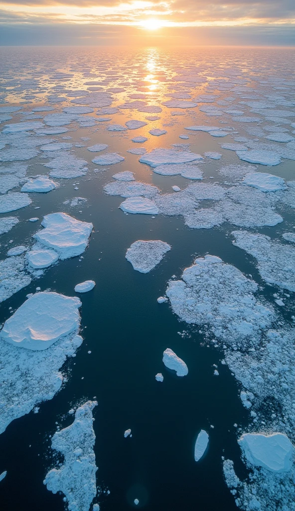 An overhead view of the Arctic Ocean during the midnight sun, captured directly from above as if by a drone. The scene shows a vast expanse of ice floes and open water, with the sun's rays casting subtle, soft reflections on the icy surface. The intricate patterns of the ice and the stark contrast between the white ice and the dark water create a mesmerizing and abstract visual, emphasizing the scale and isolation of the Arctic environment during the perpetual daylight of the white night.

