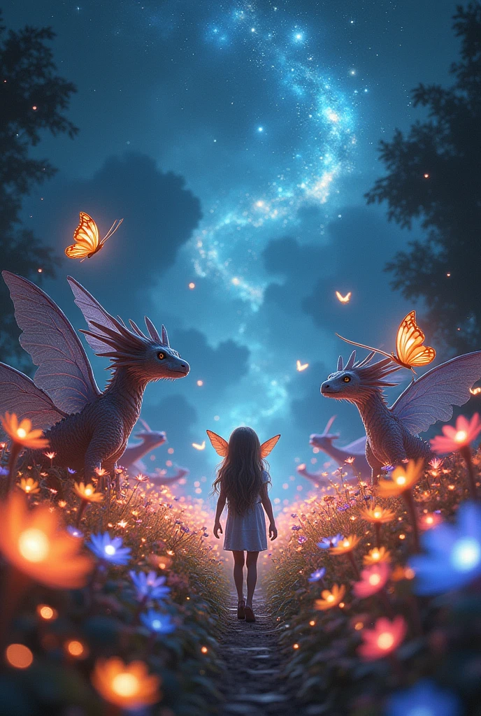 Add exotic and majestic creatures that roam the garden, like butterflies of light that leave trails of stars as they fly, and creatures similar to dragons but with wings of cosmic steam that emit a soft glow. The image shows a tiny elf walking