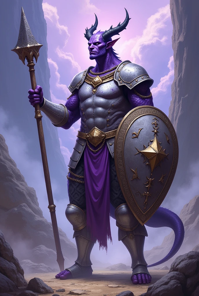 dnd, dungeons and dragons, dragonborn, solo, single person, amethyst skin, handsome, male, smirking, white chain mail armor, flail, shield, ((masterpiece, best quality)), art by greg rutkowski, artwork trending on artstation