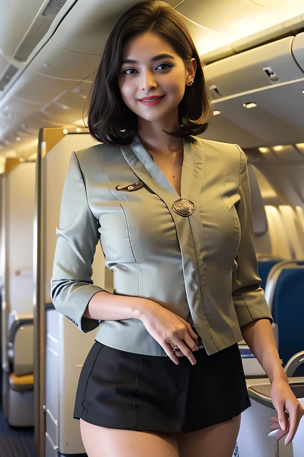 1beautiful womanl, 28years、hyperdetailed face、Detailed lips、A detailed eye、double eyelid、(Black bob hair、Smiling while walking gracefully down the aisle)、(Stewardess uniform:1.2)、((mini skirt:1.5)) (Glamorous body)、(Colossal tits)、（large full breasts）（big butts）（Plump body）（plump body shape）（ large full breasts）（Colossal tits）((J-Cup))、highs thighs thighs thighs, Perfect fit, Perfect image realism, Background with: (Business Class aisle on airplanes:1.2), Cowboy Shot, Meticulous background, detailed costume, Perfect litthing、Hyper-Realism、(Photorealsitic:1.4)、8K maximum resolution, (​masterpiece), ighly detailed, Professional