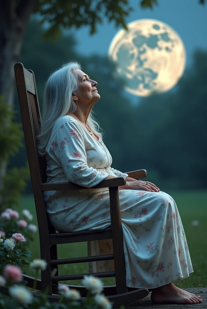 Old lady with long gray hair dressed in a white floral dress sitting in a rocking chair looking up with the moon in front of her