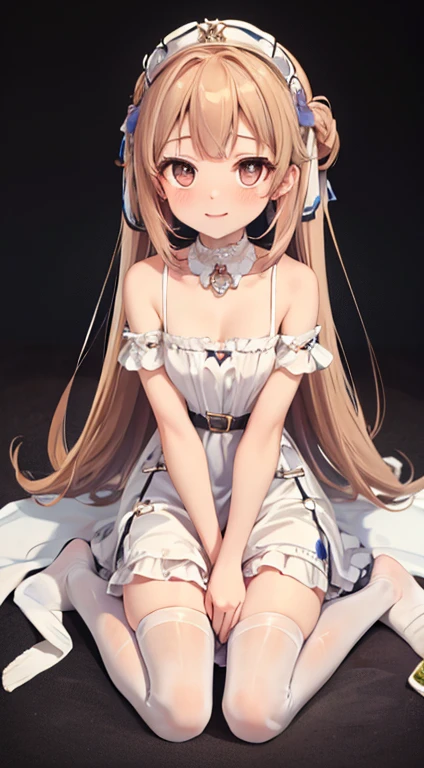 A is wearing white stockings, a dress and no shoes.