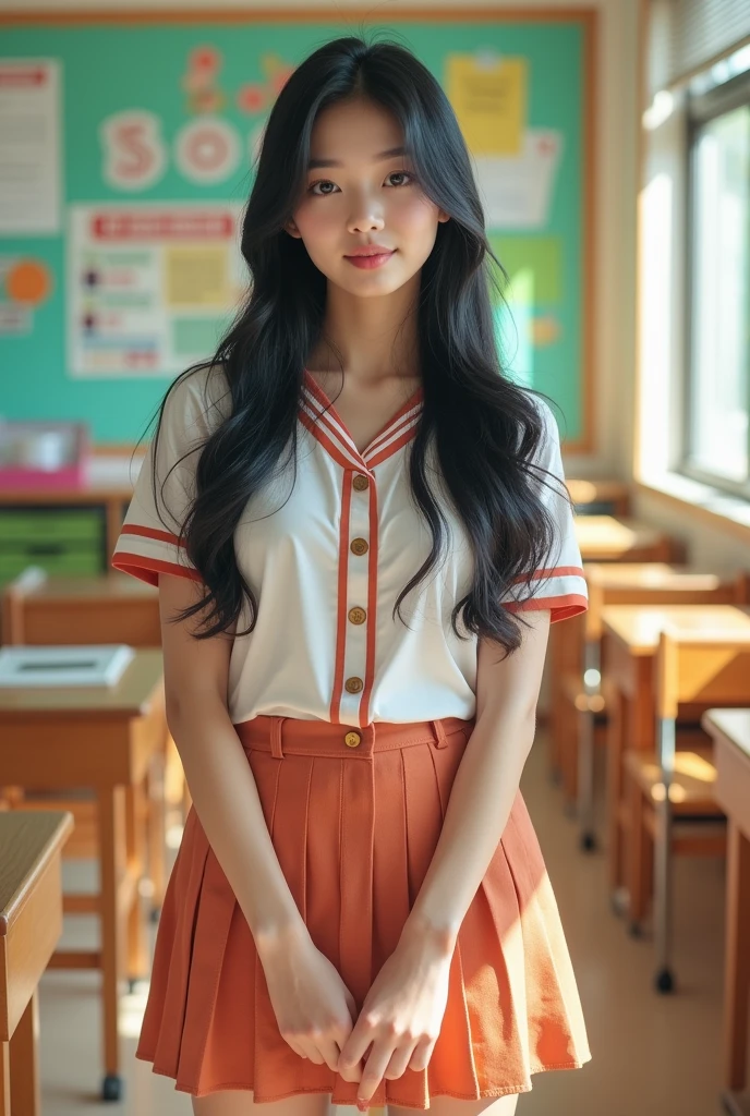 (masterpiece,Highest quality:1.4),(8k,RAW Photos,Photorealistic:1.4),Ultra-high resolution, ,(Glowing Skin:1.4),Detailed skin,Detailed face,Detailed eyes,(Beautiful and shining eyes:1.2),Symmetrical eyes,Detailed ears,One person,Natural Makeup,high school girls,(((Japanese Idols))),(Japanese Face),Detailed Background,Vivid background,Beautiful and shiny hair,,((Average teenage breasts)),,(Detailed Summer school uniforms for senior high school girls Japan),,((Sharp Face)),Natural light,,(Very detailed ,Trend design for 2024,online shopping,LUMINE® Market,),Trendy hairstyles,black_hair,long_hair,Upper Body,,(Detailed classroom of a girls' high school,,Location was great.),,Real-life schoolgirl、、Random Posing