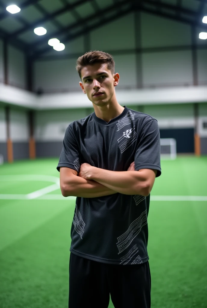Make me a picture of a young man standing in the middle of an empty and closed futsal practice field, with folded arms pose, on the simple futsal field, camera angle from slightly above the right side, wearing a black futsal jersey with white patterns