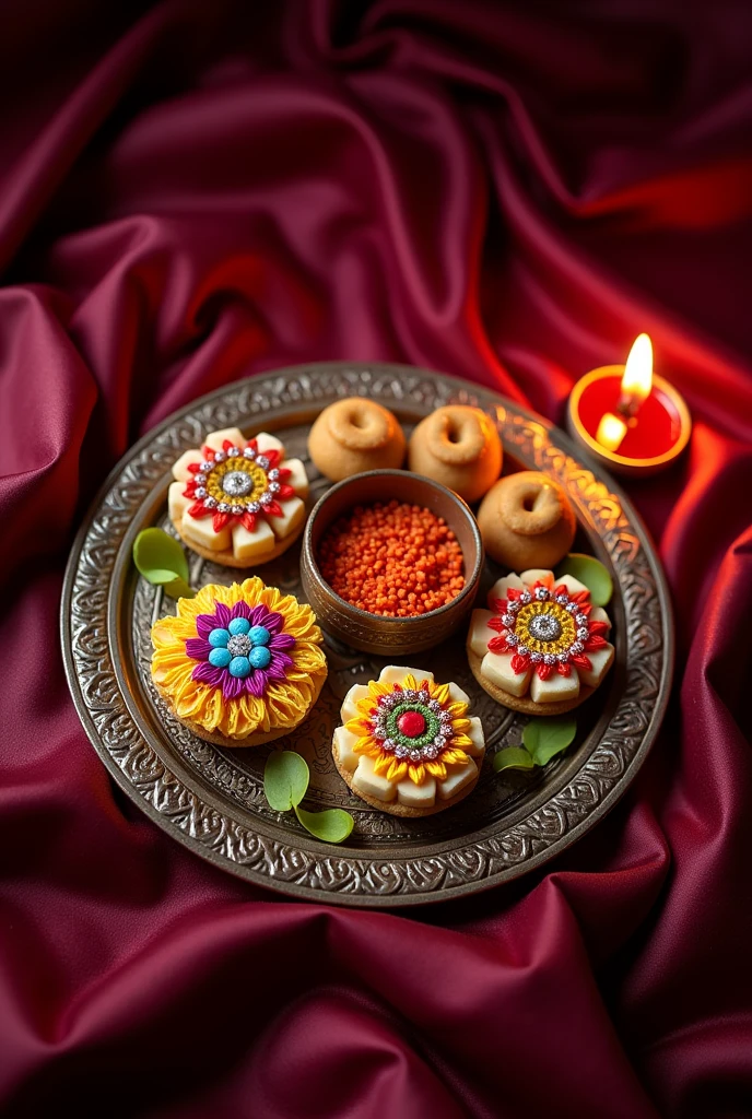 Raksha Bandhan decorative plate with three piece of Rakhi and Indian sweet and Some Akshat and red Chandan and one Diya
