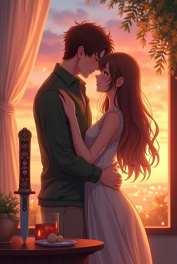Make a man with long brown hair hugging his girlfriend with long brown hair, anime style knife